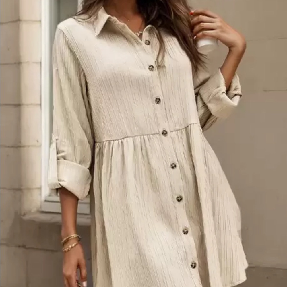 Beige Button-Up Shirt Dress